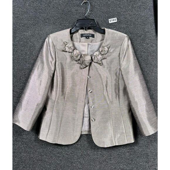 Kasper Jacket Womens 6 Silver Metallic Rosette Neck 3/4 Sleeve Cropped Dressy - Picture 1 of 7